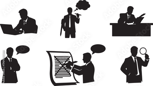 Black Solid Copywriter Drafting Brand Messaging Edit Silhouettes Set of Six on White Background