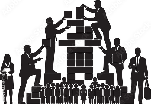 Black Solid Corporate Leader Building Tower Silhouettes Set of Six on White Background