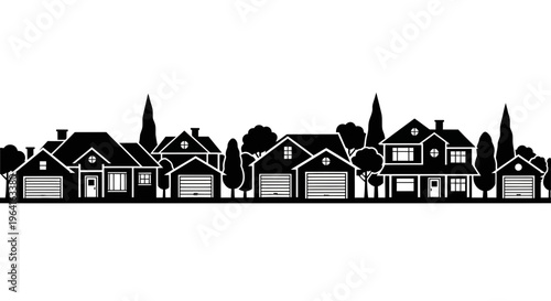 Suburban Residential Houses Street Scene Silhouette.