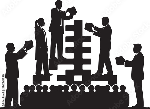 Black Solid Corporate Leader Building Tower Silhouettes Set of Six on White Background