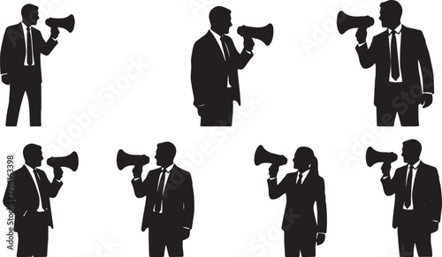 Black Solid Corporate Leader Megaphone Silhouettes Set of Six on White Background