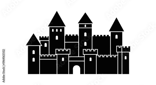 Black Silhouette of a Medieval Castle with Towers and Battlements.
