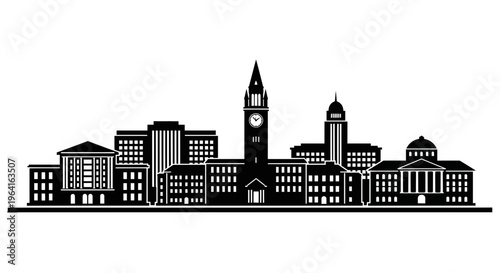 Cityscape Silhouette of Architectural Buildings with Clock Tower.