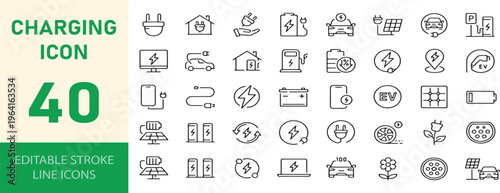 Charging icon collection with forty different electric power symbols
