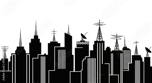 Cityscape Silhouette with Communication Towers and Antennas.