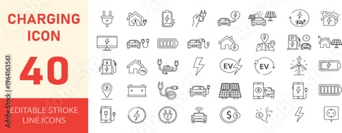 Charging icon set featuring forty electric mobility and power symbols