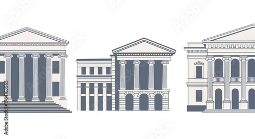 Classical Architecture Facades with Columns and Pediments.