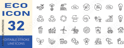 Eco icon collection containing thirty two environmental sustainability