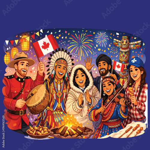 A lively group of six people representing Canada’s diverse cultures—including Indigenous, Inuit, Métis, French, and English backgrounds—celebrate together around a bonfire.