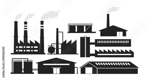 Collection of Industrial Factory Buildings Silhouettes.