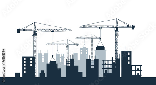 Construction Site With Cranes and Buildings Silhouette.