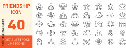 Friendship line icons set, 40 editable stroke line icons in line art style