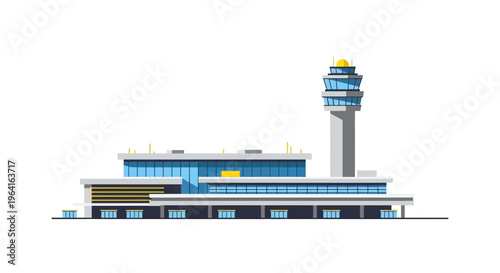 Modern Airport Terminal Building with Control Tower Illustration.