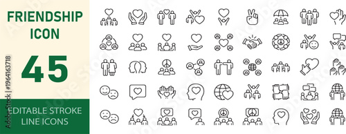Friendship line icons set, 45 editable stroke line icons in line art style