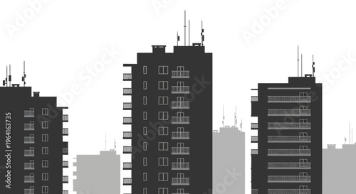 Modern Apartment Buildings Silhouette Against White Sky.