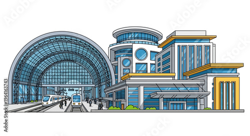 Modern Architectural Building Complex with Train Station.