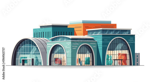 Modern Architectural Building with Arched Entrances and Glass Facade.