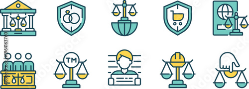 Illustrations of various legal and judicial symbols and professions