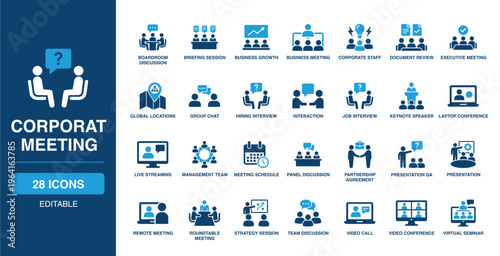 Corporat Meeting solid vector glyph icon set featuring boardroom discussion, keynote speaker, video conference, business growth, job interview, management team, and meeting schedule icons.