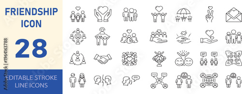 Friendship line icons set, 28 editable stroke line icons in line art style