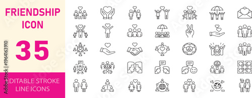 Pink friendship line icons pack displaying thirty five vector signs