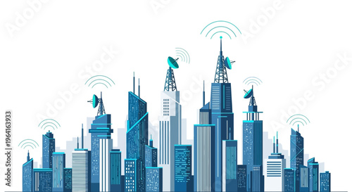 Modern City Skyline with Wireless Communication Antennas.