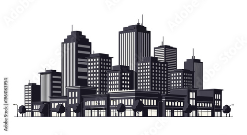 Modern Cityscape Silhouette with Diverse Buildings and Street Level Architecture.