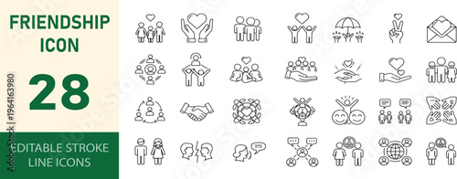 Green friendship line icons representing unity and social networking