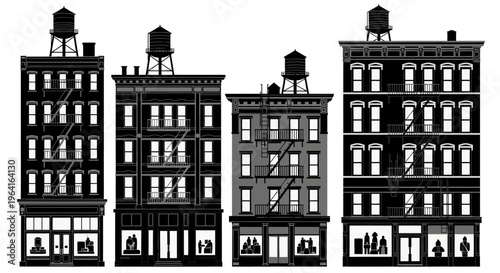 Row of vintage New York City apartment buildings with water towers.