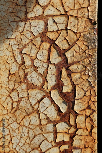 Cream Paint Cracking Over Deep Rust, Dramatic Macro Texture with