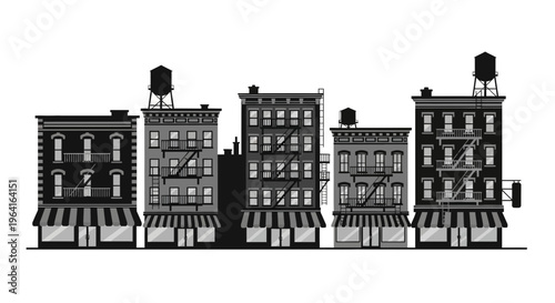 Row of New York City Apartment Buildings with Fire Escapes.