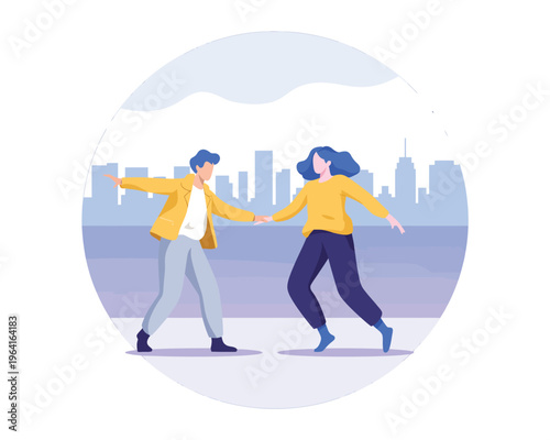 Two people in yellow shirts playing frisbee on a city rooftop