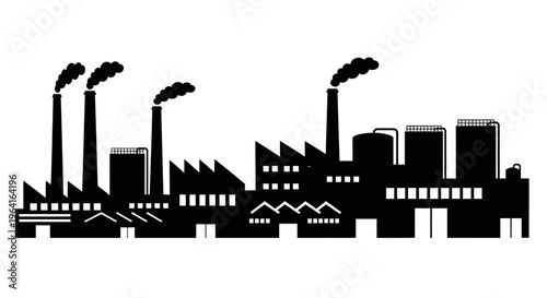 Silhouette of an industrial factory complex with smoking chimneys.