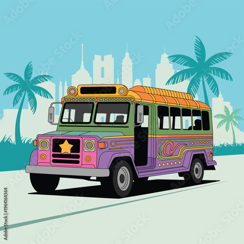 Vibrant double decker bus with palm trees and skyline backdrop