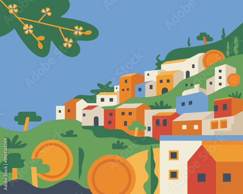 Vibrant stylized digital of a village with houses and trees