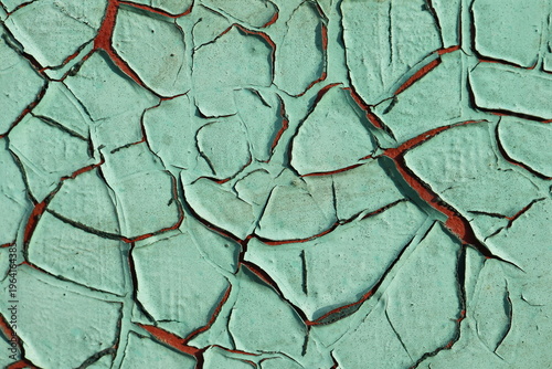 Cracked Teal Paint Over Dark Red Rust Surface, Wide Weathered Ab