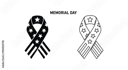 Memorial Day ribbons, patriotic symbols, American flags, star designs, vector icons