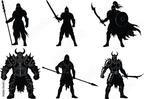 Fantasy warrior silhouettes with swords spears shields armor horned helmets battle fighters character design concept vector illustration artwork