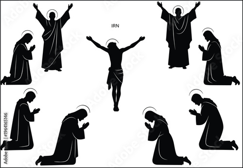 Jesus Christ crucifixion silhouette with praying figures, religious Christian vector illustration set, biblical scenes with halos isolated on white background