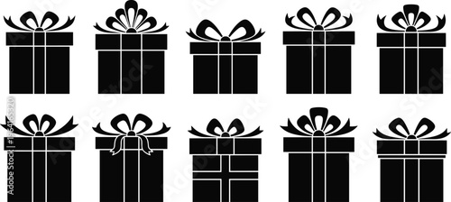 Set of black gift box silhouettes with bows and ribbons, vector illustration for birthday, holiday, Christmas, and celebration designs