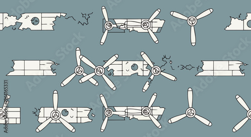 damaged airplane parts and broken propellers create a seamless pattern representing aviation accident wreckage danger and destruction.