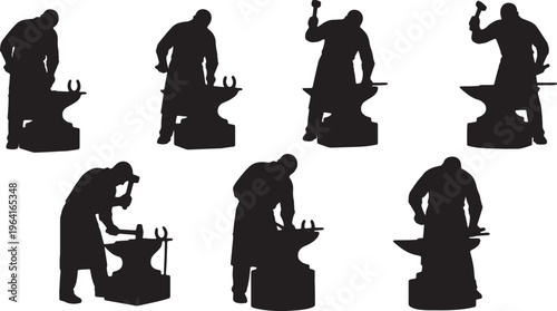 Black Solid Classic Blacksmith Heavy Anvil Role Silhouettes Set of Six on White Background