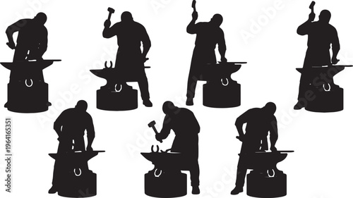 Black Solid Classic Blacksmith Heavy Anvil Role Silhouettes Set of Six on White Background