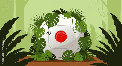 overgrown portal core an abandoned spherical technology reclaimed by lush jungle plants evoking mystery and natures triumph in a forgotten environment.