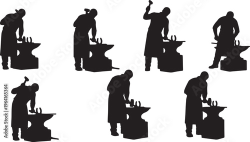 Black Solid Classic Blacksmith Heavy Anvil Role Silhouettes Set of Six on White Background