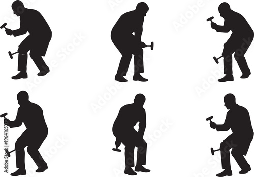 Black Solid Clinical Neurologist Reflex Hammer Role Silhouettes Set of Six on White Background