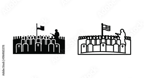Medieval castle, fort silhouette, flag icon, black and white vector