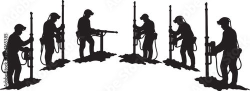 Black Solid Coal Miner Pneumatic Drill Role Silhouettes Set of Six on White Background