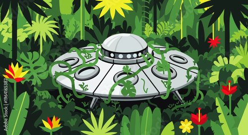 ufo spaceship found in a dense jungle overgrown by tropical nature and alien vines evoking mystery and discovery