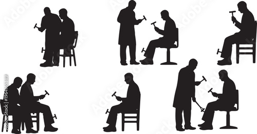 Black Solid Clinical Neurologist Reflex Hammer Role Silhouettes Set of Six on White Background